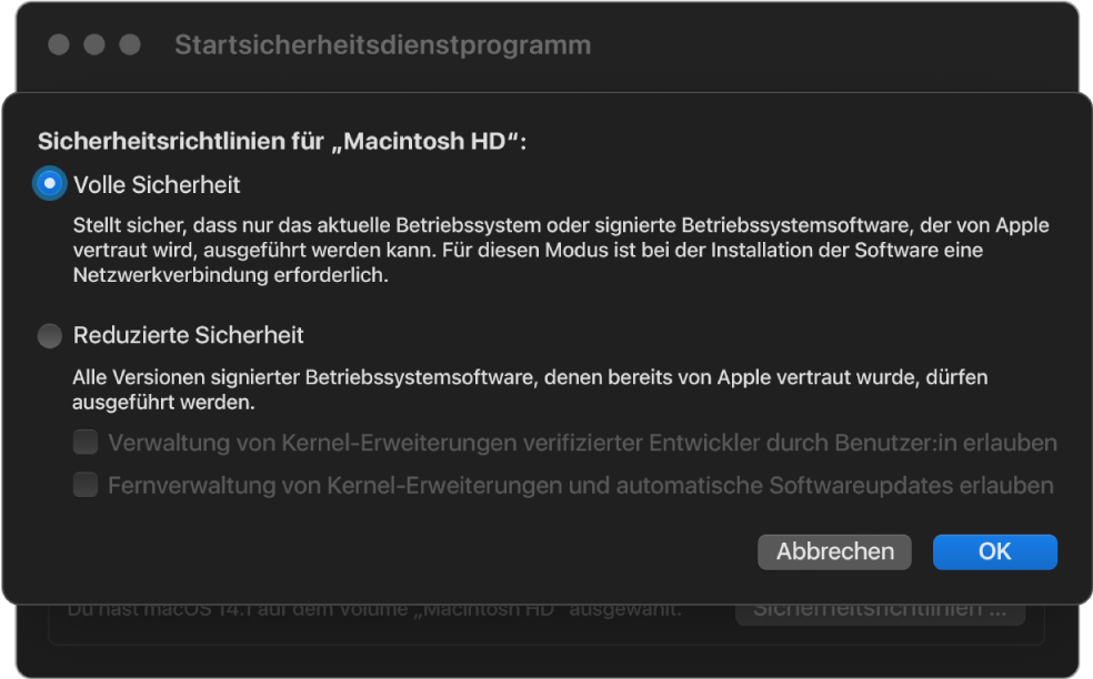 Ein Auswahlfenster für eine Sicherheitsrichtlinie im Startsicherheitsdienstprogramm, in dem die Richtlinie „Volle Sicherheit“ für das Volume „Macintosh HD“ ausgewählt ist