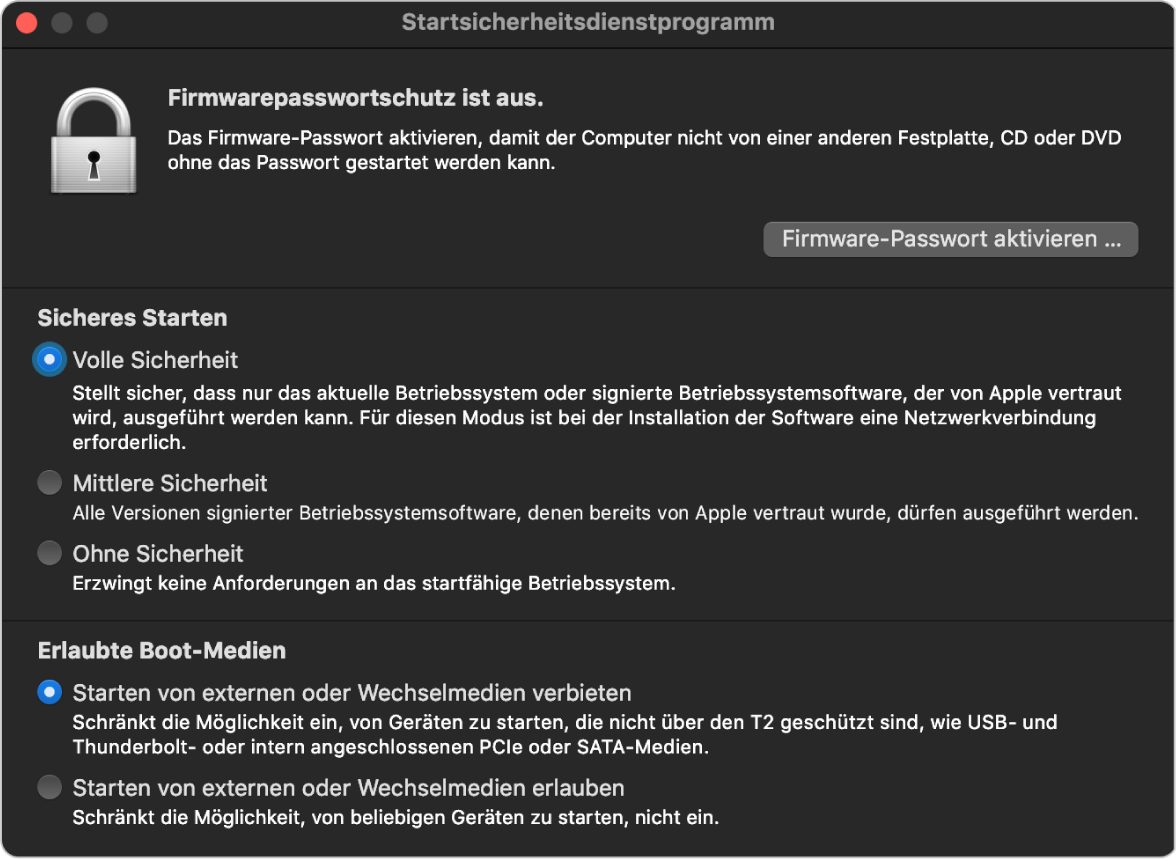 Das Hauptfenster des Startsicherheitsdienstprogramms mit einer Notiz zum Firmwarepasswortschutz. Darauf folgen drei Sicherheitsoptionen unter dem Abschnitt „Sicheres Starten“ und zwei Sicherheitsoptionen unter dem Abschnitt „Erlaubte Boot-Medien“.