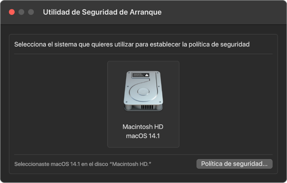 El panel de selección del sistema operativo en Utilidad de Seguridad de Arranque mostrando el disco Macintosh HD al cual se quiere designar una política de seguridad. En la parte inferior derecha se encuentra un botón para que aparezcan las opciones de la Política de seguridad del volumen seleccionado.