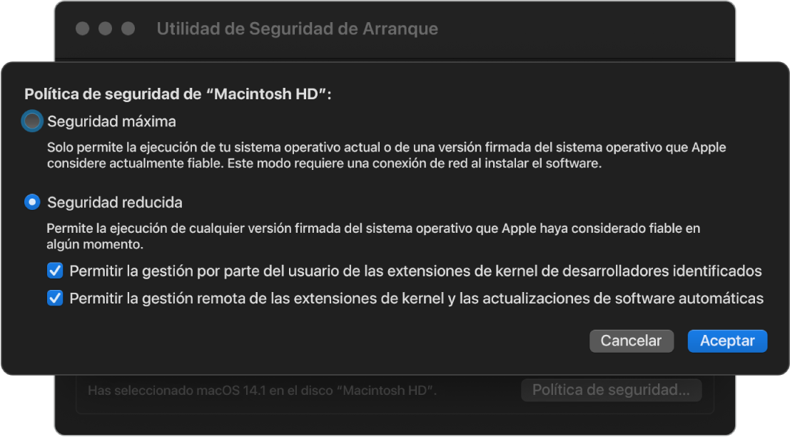 Panel de selección de políticas de seguridad en “Utilidad de seguridad de arranque”, con la política “Seguridad reducida” seleccionada para el volumen “Macintosh HD”.