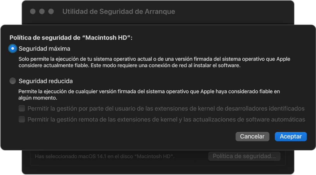 Panel de selección de políticas de seguridad en “Utilidad de seguridad de arranque”, con la opción “Seguridad máxima” seleccionada para el volumen “Macintosh HD”.