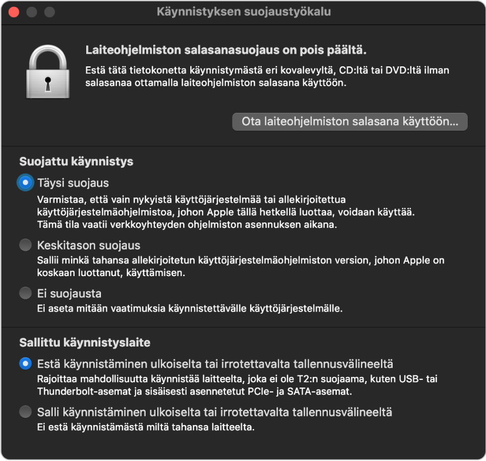 Käynnistyksen suojaustyökalun pääikkuna, jossa näkyy viesti laiteohjelmiston salasanasuojauksesta, ja sen alla ovat kolme suojausvaihtoehtoa Suojattu käynnistys ‑osiossa ja kaksi suojausvaihtoehtoa Sallittu käynnistyslaite ‑osiossa.