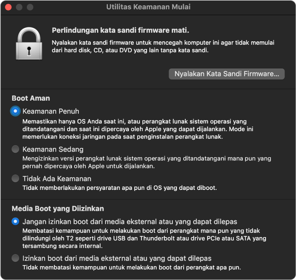 Jendela utama Utilitas Keamanan Mulai, menampilkan catatan mengenai perlindungan kata sandi firmware, diikuti oleh tiga pilihan keamanan di bawah bagian “Boot Aman” dan dua pilihan keamanan di bawah bagian “Media Boot yang Diizinkan”.