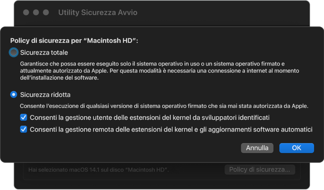 Pannello del selettore della politica di sicurezza in Utility Sicurezza Avvio, con l’opzione “Sicurezza ridotta” selezionata per il volume HD Macintosh.