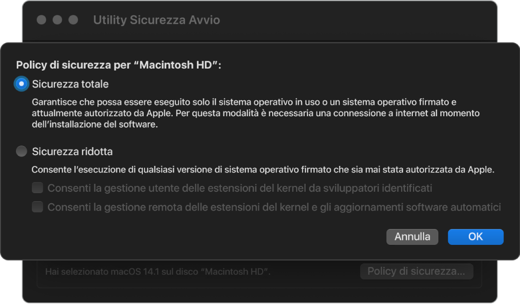 Pannello del selettore della politica di sicurezza in Utility Sicurezza Avvio, con l’opzione “Sicurezza totale” selezionata per il volume “Macintosh HD”.