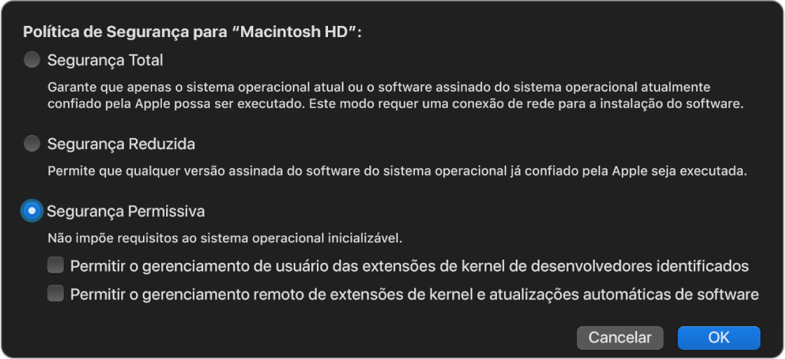 Painel do seletor de política de segurança no Utilitário de Segurança da Inicialização, com a política Segurança Permissiva selecionada para o volume “Macintosh HD”.