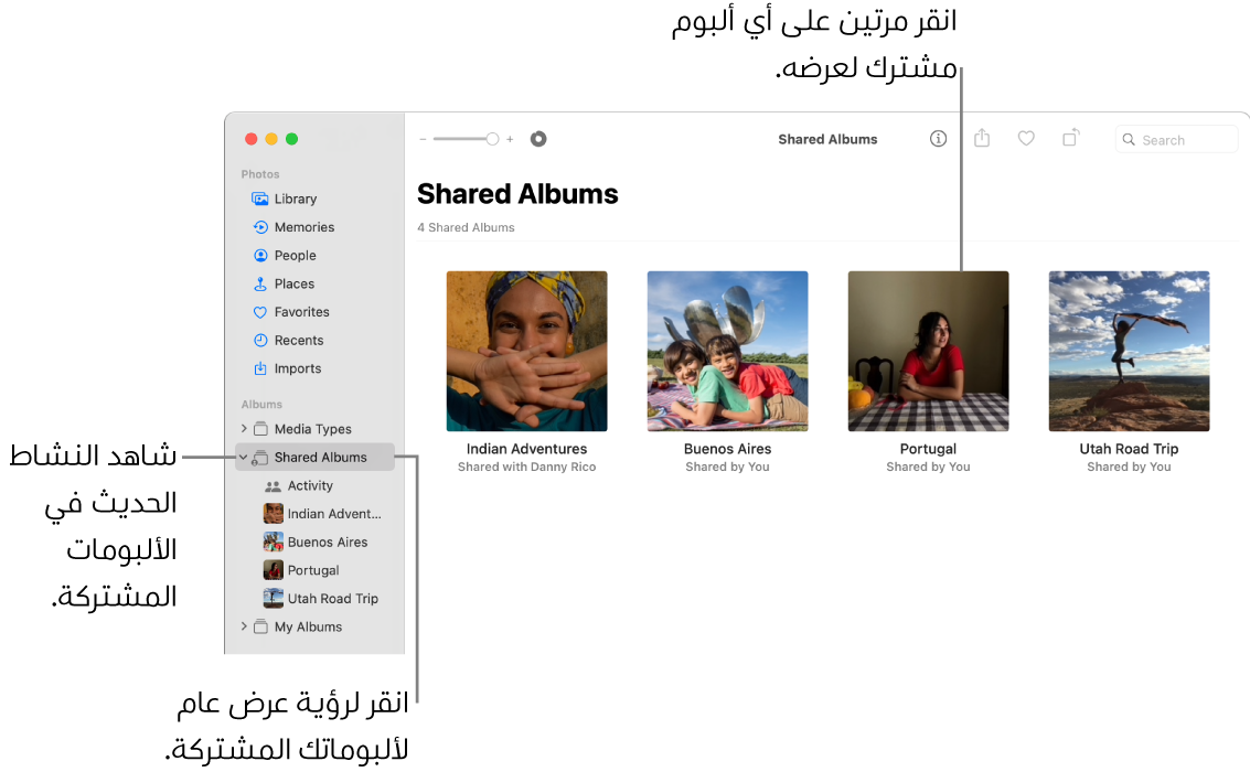 نافذة الصور تعرض خيار "الألبومات المشتركة" محددًا في الشريط الجانبي وتظهر ألبومات مشتركة على اليسار.