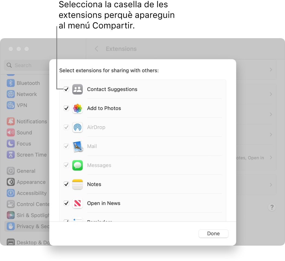 Una llista d’extensions a la configuració Extensions, amb una casella de selecció al costat de cadascuna per afegir-la al menú Compartir.