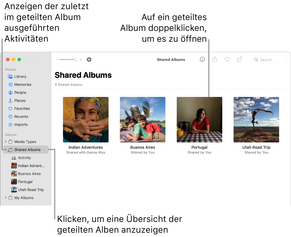 Das Fenster „Fotos“ mit dem in der Seitenleiste ausgewählten Bereich „Geteilte Alben“; rechts werden die geteilten Alben angezeigt.