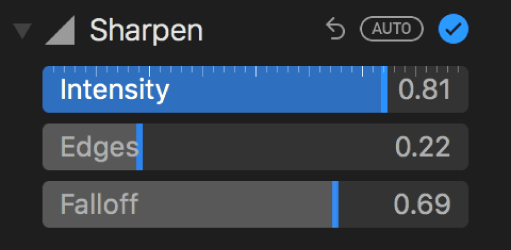 The Sharpen controls in the Adjust pane, showing the Intensity, Edges and Falloff sliders.