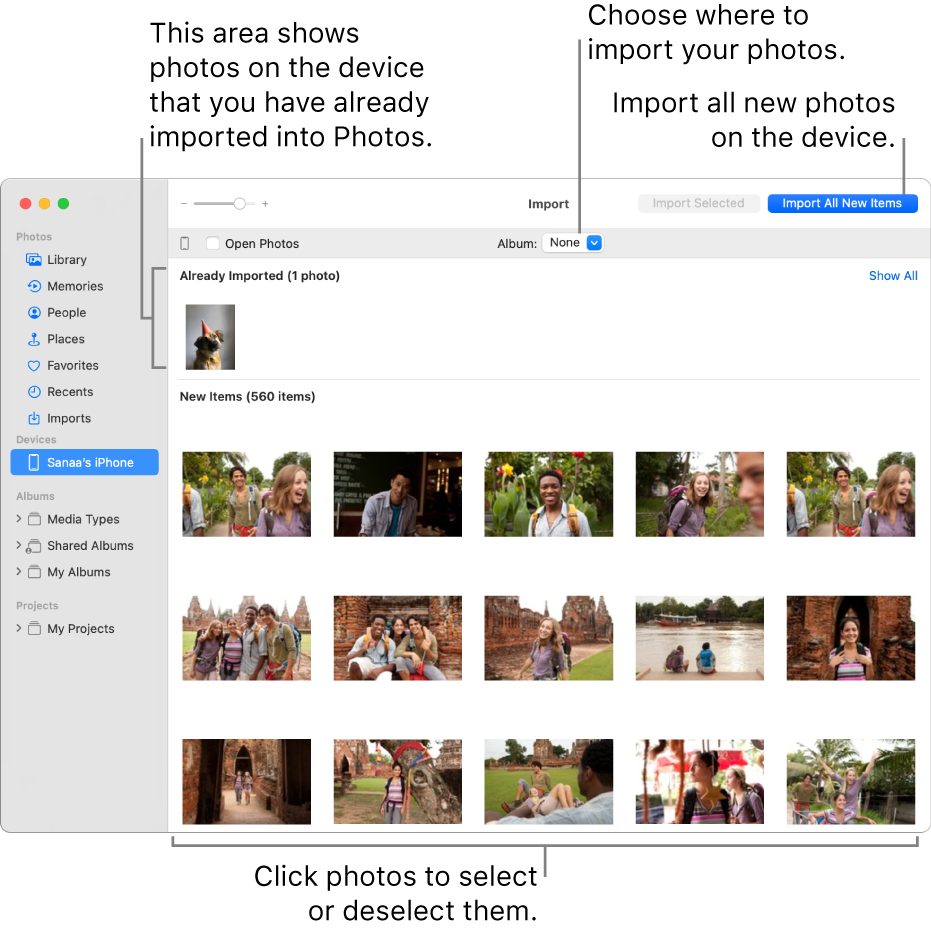 Photos on the device that you’ve already imported are shown at the top of the Import window; new photos are at the bottom. At the top centre is the Album pop-up menu. The Import All New Items button is at the top right.