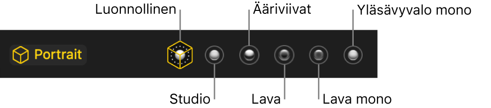 Pystytilan valaistustehostevaihtoehdot (vasemmalta oikealle) Luonnollinen, Studio, Korostus, Lavavalo, Lavavalo Mono ja Yläsävyvalo mono.