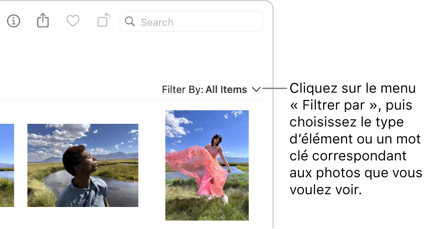 Le menu local « Filtrer par » réglé pour afficher tous les éléments.