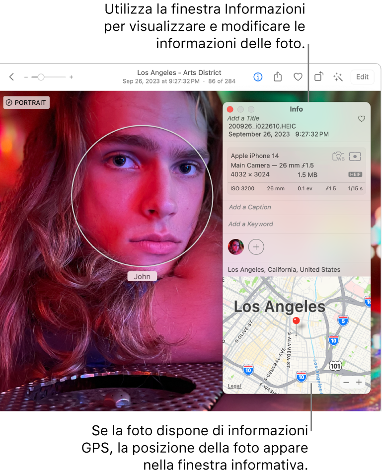 La finestra Informazioni di una foto.