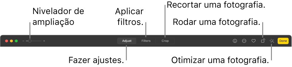 A barra de ferramentas de edição a mostrar o nivelador de ampliação e os botões para efetuar ajustes, adicionar filtros, recortar fotografias, rodar fotografias e melhorar fotografias.