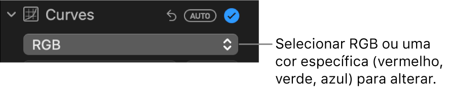 Os controlos de curvas no painel Ajustar com a opção RGB selecionada no menu pop‑up.