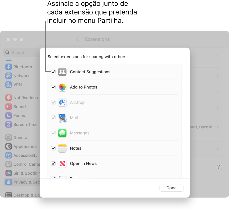 Uma lista de extensões nas definições de Extensões, com uma opção ao lado de cada extensão para a adicionar ao menu Partilha.