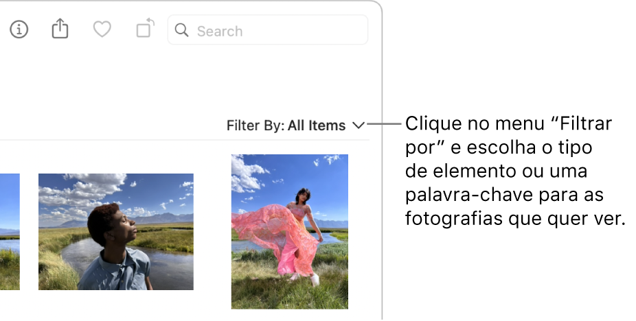 O menu pop-up “Filtrar por” definido para mostrar todos os elementos.