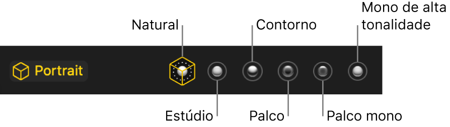 Opções dos efeitos de iluminação do modo vertical, incluindo (da esquerda para a direita): Natural, Estúdio, Contorno, Palco, Palco mono e Mono de alta tonalidade.