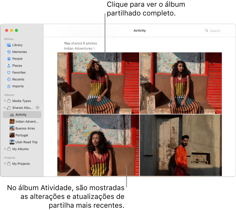 A janela da aplicação Fotografias com a opção “Atividade” selecionada na barra lateral e o álbum Atividade apresentado à direita.