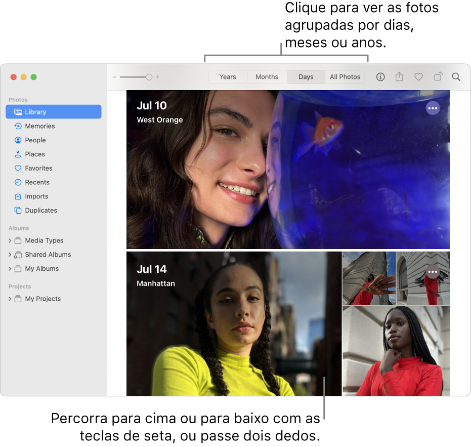 A janela da aplicação Fotografias mostra a opção “Dias” selecionada na barra de ferramentas e as fotografias organizadas por data aparecem na área principal da janela.