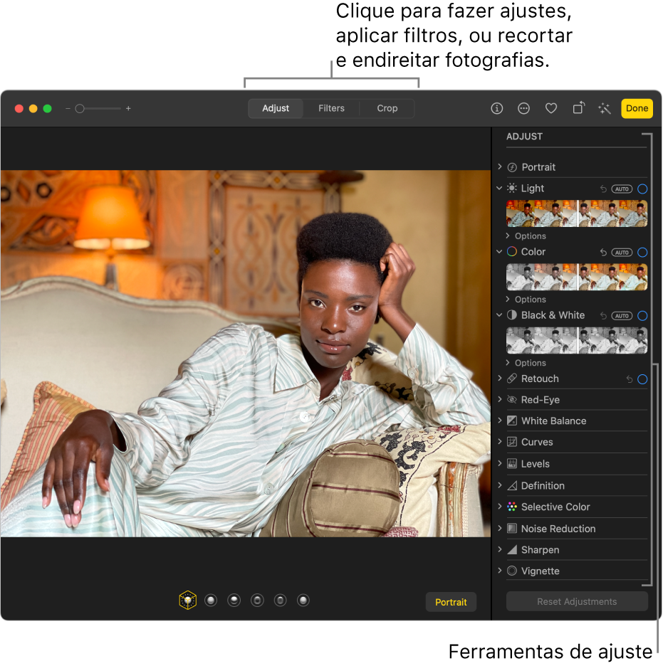 Uma fotografia na vista de edição, com a opção Ajustar selecionada na barra de ferramentas e as ferramentas de ajuste do lado direito.