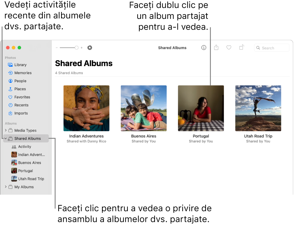 Fereastra Poze afișând secțiunea Albume partajate selectată în bara laterală și albumele partajate apărând în partea dreaptă.