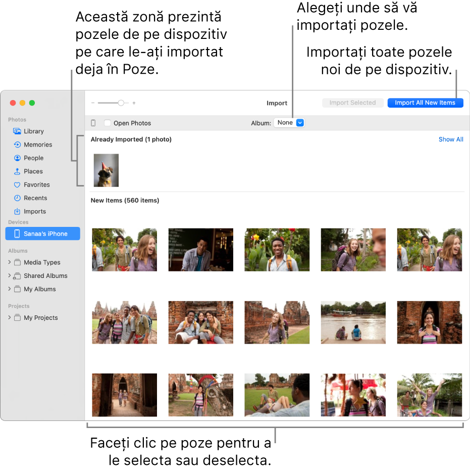 Pozele de pe dispozitiv pe care le‑ați importat deja sunt afișate în partea de sus a ferestrei Importate; pozele noi sunt în partea de jos. Sus, în mijloc, se află meniul pop‑up Album. Butonul Importă toate articolele noi se află în dreapta sus.