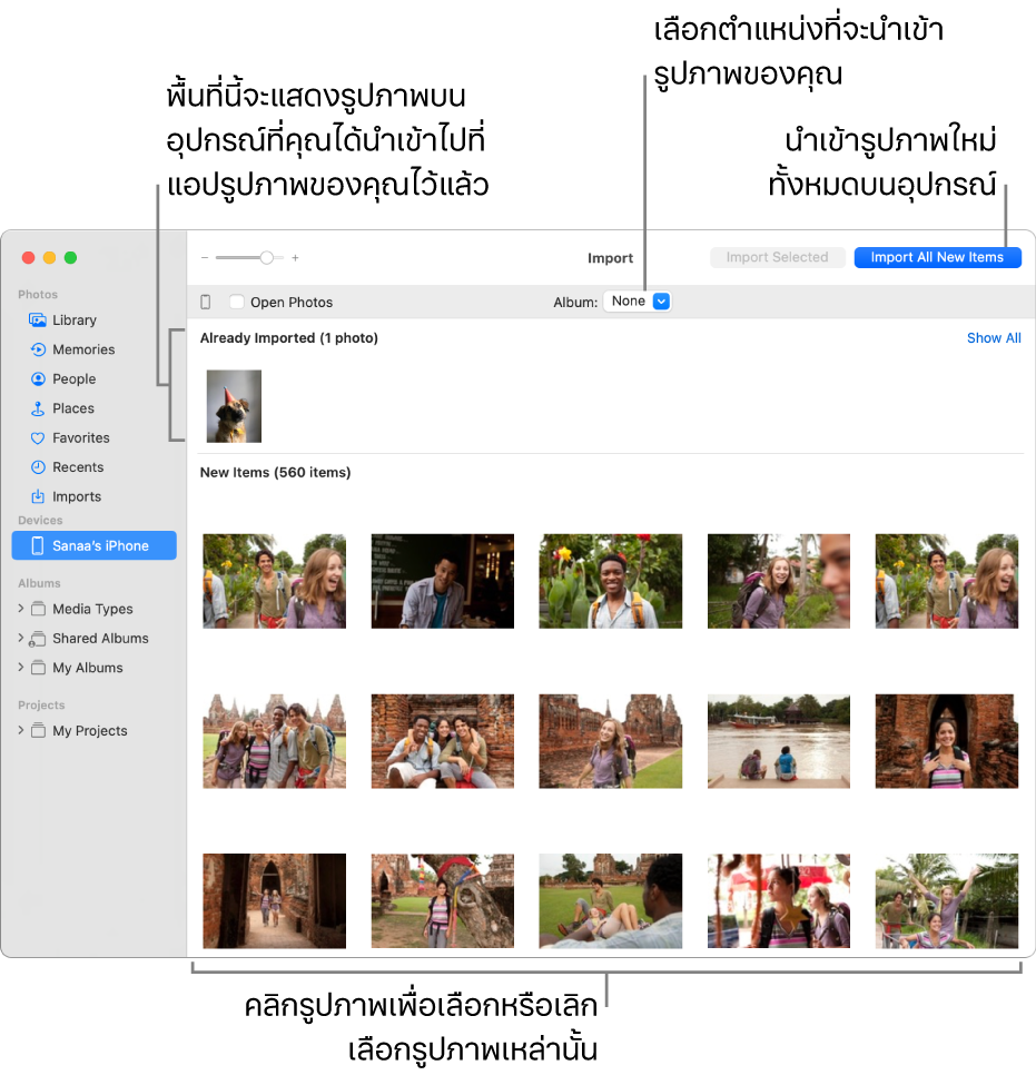 รูปภาพบนอุปกรณ์ที่คุณได้นำเข้าแล้วแสดงอยู่ด้านบนสุดของหน้าต่างนำเข้า ส่วนด้านล่างสุดคือรูปภาพใหม่ๆ ที่กึ่งกลางด้านบนสุดคือเมนูอัลบั้มที่แสดงขึ้น ปุ่มนำเข้ารายการใหม่ทั้งหมดอยู่ด้านขวาบนสุด