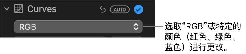 “调整”面板中的“曲线”控制，显示在弹出式菜单中选择了“RGB”。