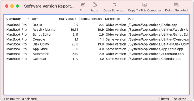 System Report window