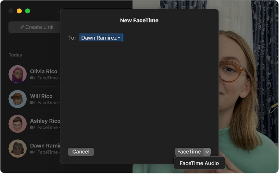 A New FaceTime call window, showing the option to start a FaceTime video call or a FaceTime audio call.