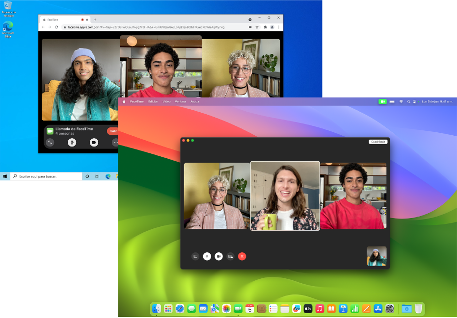 Una MacBook Pro con una llamada grupal de FaceTime en curso. Detrás, una PC con Windows mostrando una llamada grupal de FaceTime en la web en curso.