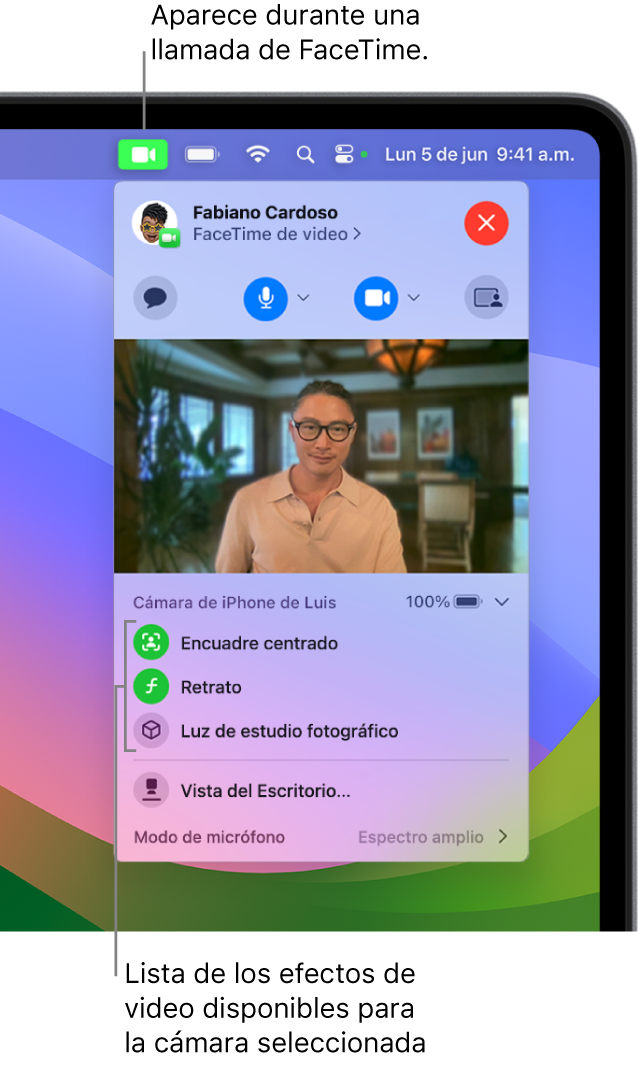 El centro de control en la esquina superior derecha de la pantalla de la Mac mostrando el botón Video (que aparece en modelos Mac compatibles) y tres efectos de video disponibles.