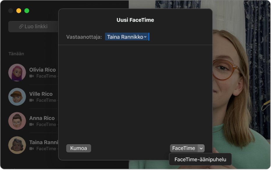 Uusi FaceTime ‑puheluikkuna, jossa näkyvät valinnat FaceTime-videopuhelun tai FaceTime-äänipuhelun aloittamiselle.