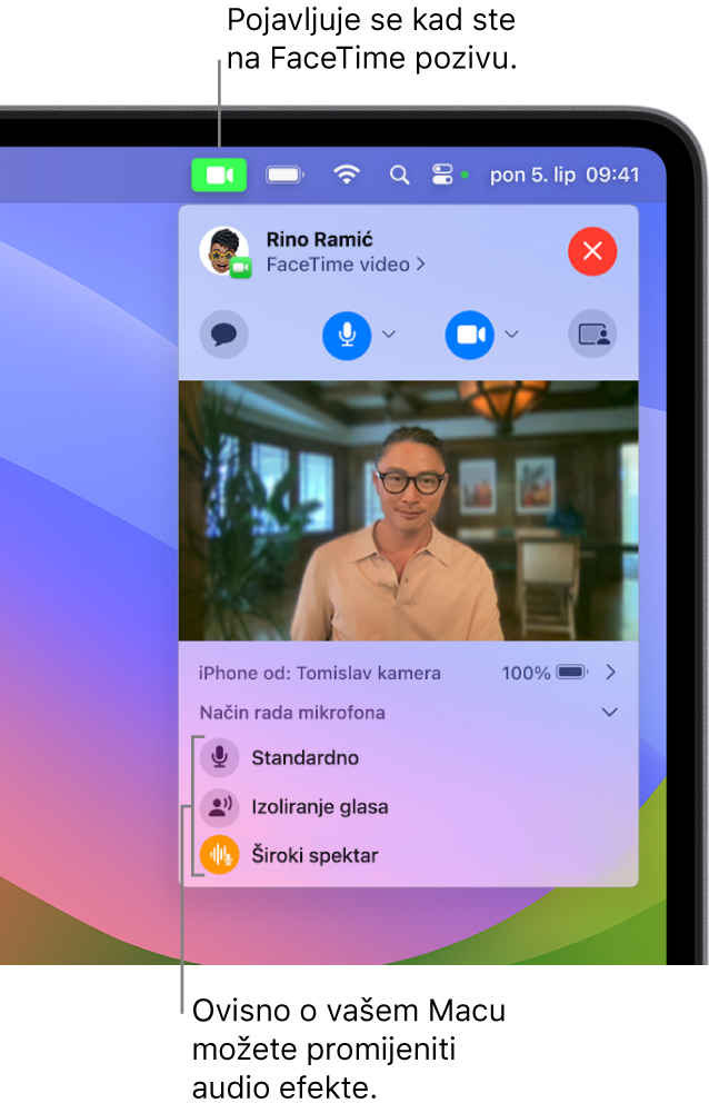 Kontrolni centar u gornjem desnom kutu zaslona Maca s prikazom tipke Video (koja se prikazuje kada ste u FaceTime pozivu) i opcije Načina rada mikrofona (kojima se mijenjaju audio efekti, ovisno o Macu).