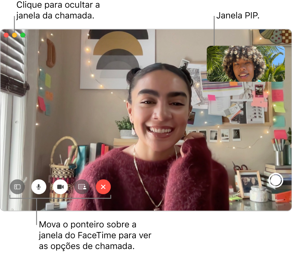 Mova o cursor sobre a janela do FaceTime para ver os botões Barra Lateral, Mudo, Silenciar Vídeo, Compartilhar Tela, Desligar e Live Photo. Clique no botão do meio no canto superior esquerdo para ocultar a janela de ligação. A janela PIP aparece no canto superior direito.