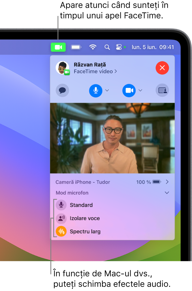 Centrul de control din colțul din dreapta sus al ecranului Mac‑ului afișând butonul Video (care apare în timpul unui apel FaceTime) și opțiunile pentru modul microfon (care schimbă efectele audio în funcție de Mac‑ul dvs.).