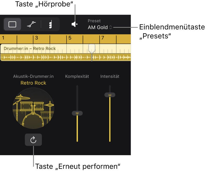 Abbildung. Die Taste „Hörprobe“, das Einblendmenü „Presets“ und die Taste „Erneut performen“ im Session Player-Editor