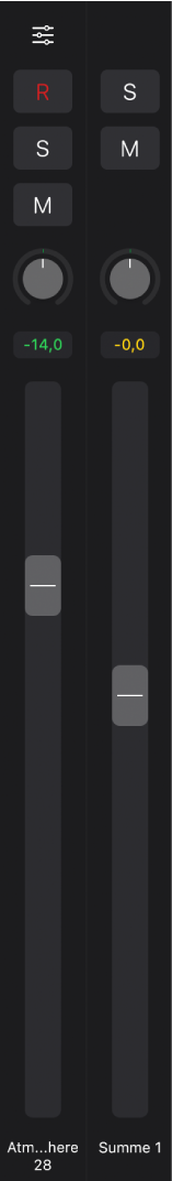 Abbildung. Spur-Fader mit einem zweiten Fader für den Ausgangskanal der Spur.