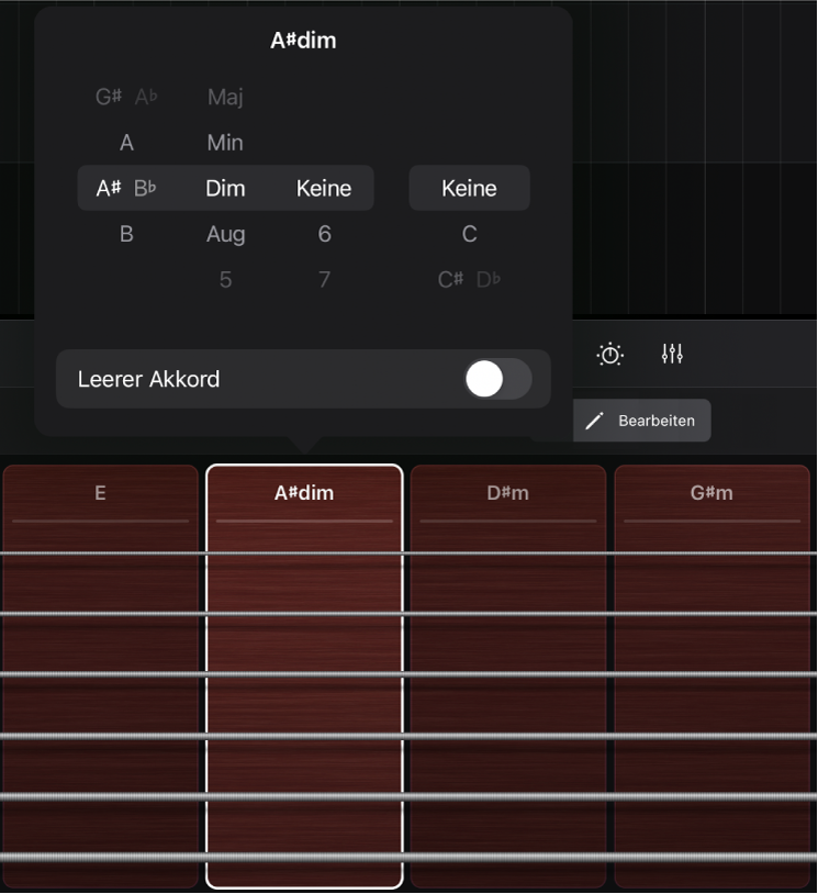 Abbildung. Bearbeitung von Akkorden in der Spieloberfläche „Gitarren-Strips“.