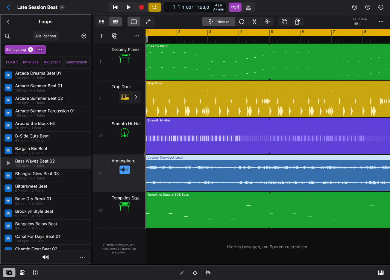 Abbildung. Logic Pro für iPad mit der Ansicht „Loops“ in der Übersicht.