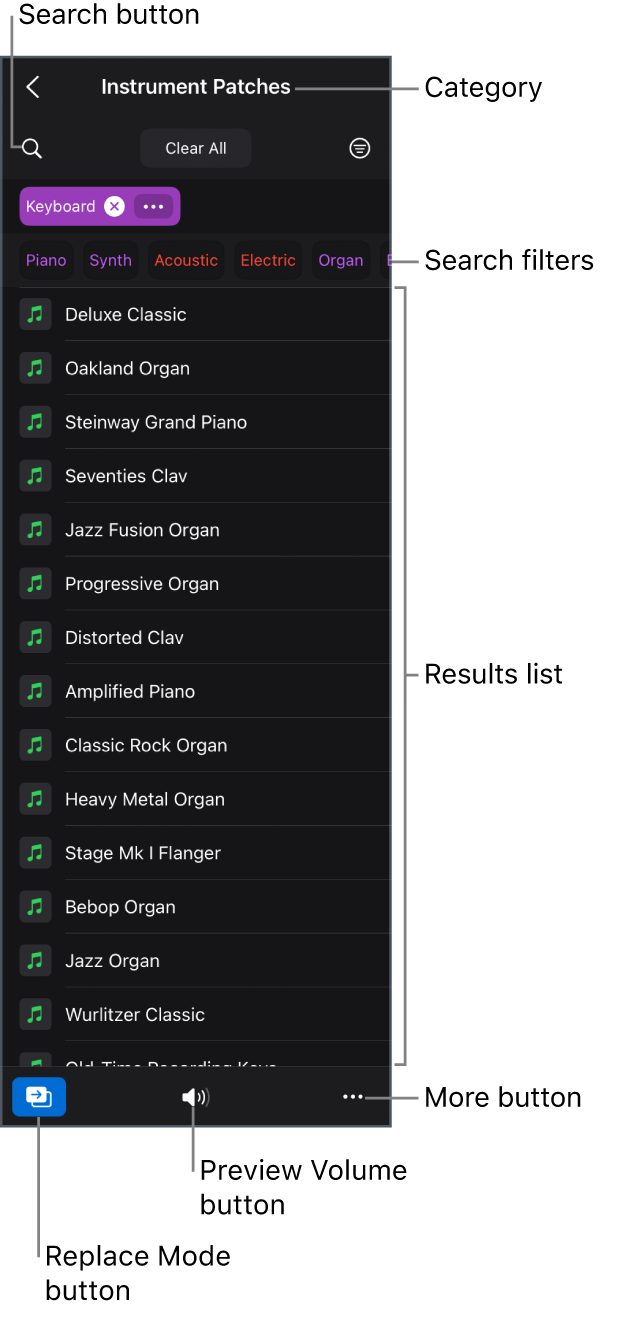 Figure. Browser open to Instrument Patches view, showing the view name, Search button, search filters, and search results.