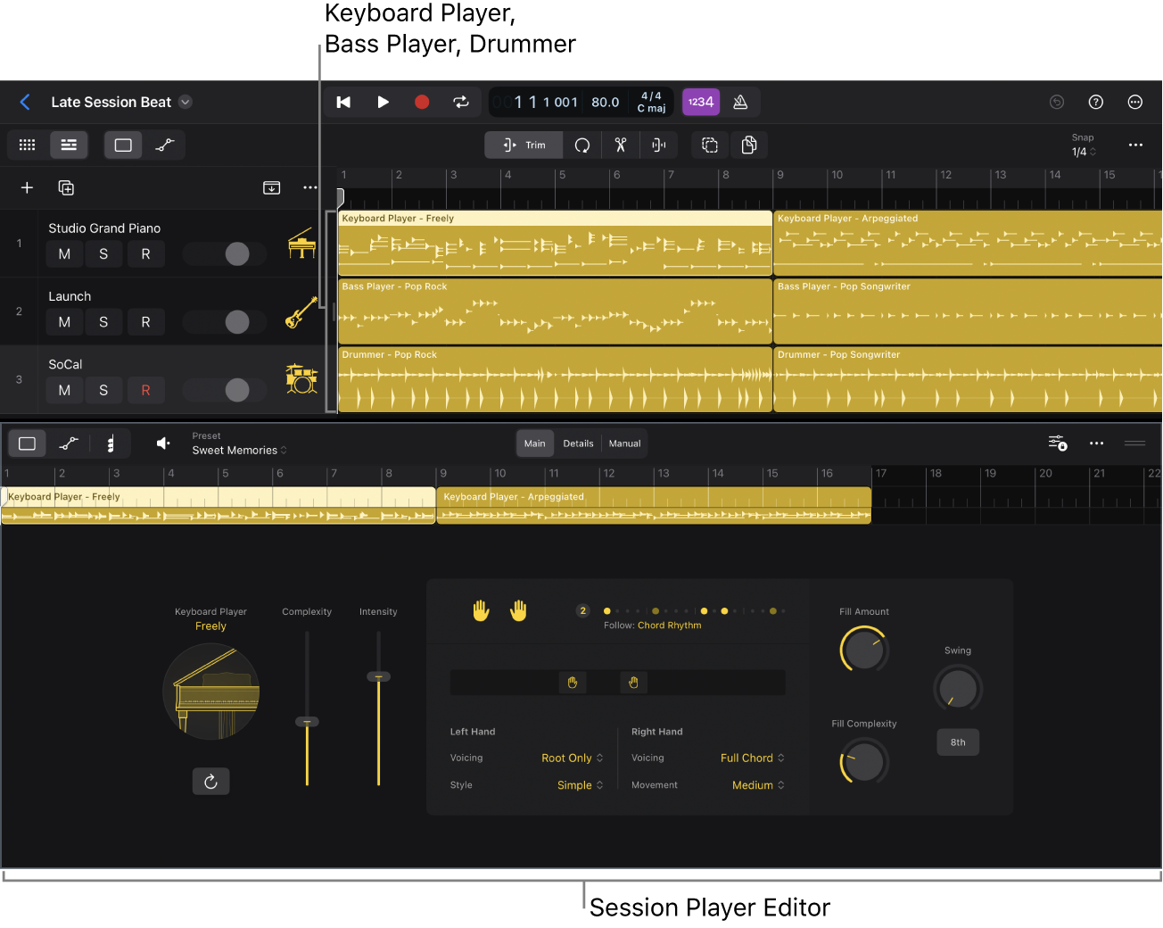 Figure. The Session Players in the Tracks area and Session Player Editor.