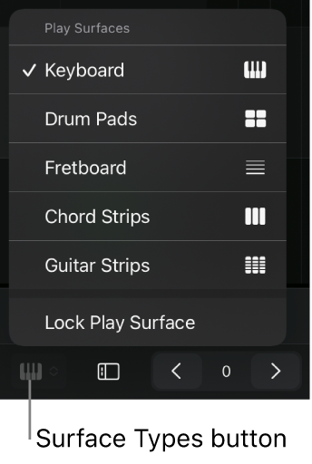 Figure. Surface Types button and the Surface Types menu.