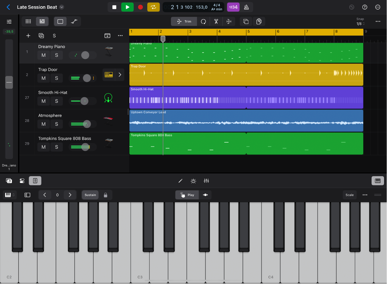 Figure. Logic Pro project playing, with Tracks area and Play Surface visible.