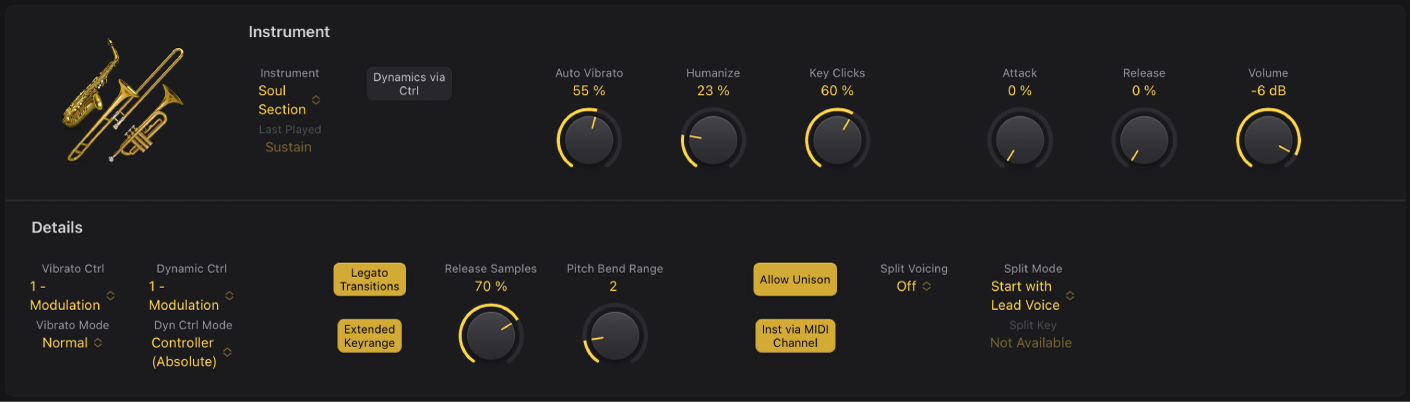 Figure. Studio Horns window, showing the Soul Section instrument.