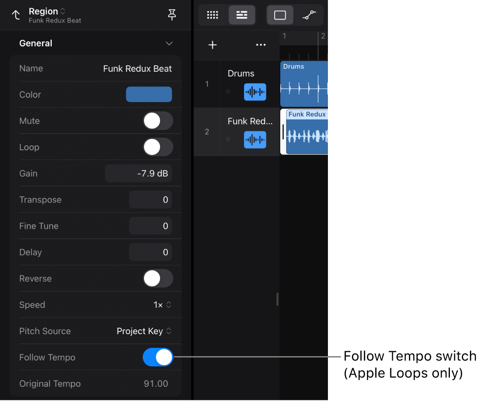 Figure. Region inspector showing the Follow Tempo switch for audio Apple Loops.