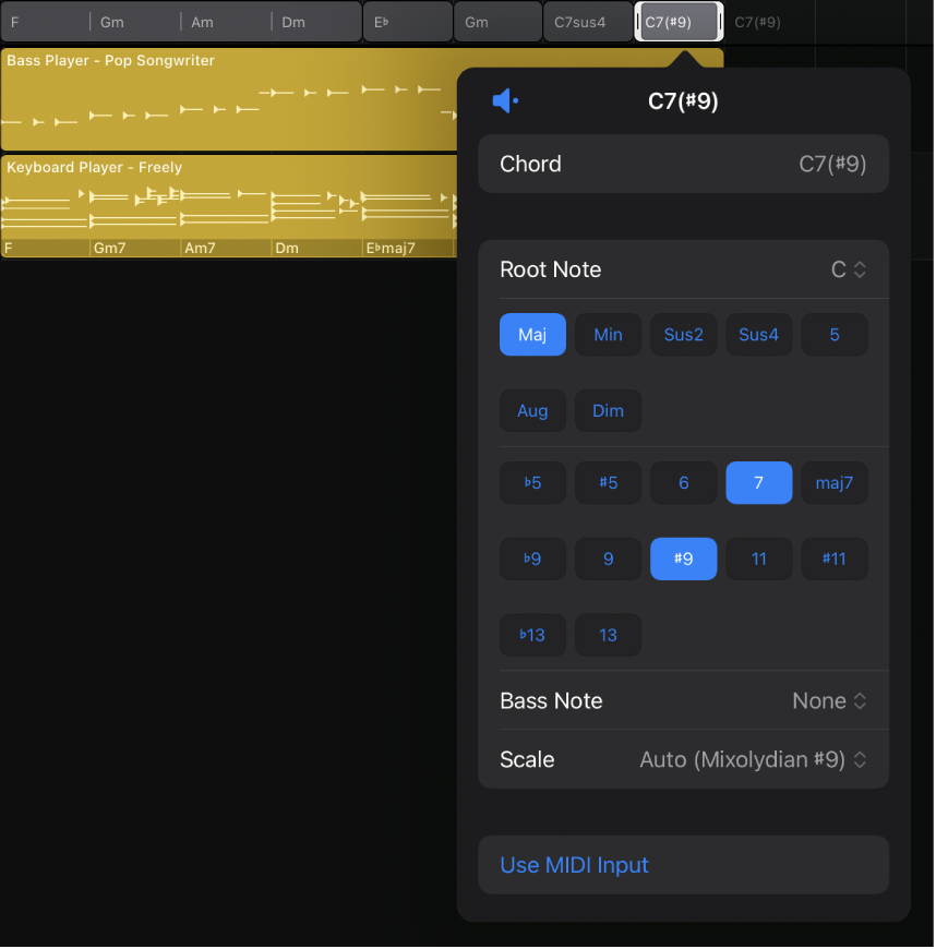 Figure. Chord selected on the Chord track, with Edit Chord dialog open.