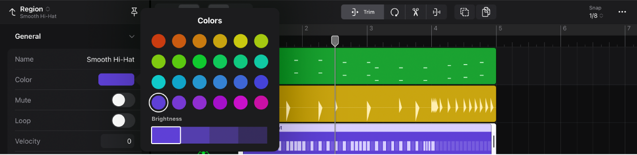 Region selected and inspector open, with Colors palette open.